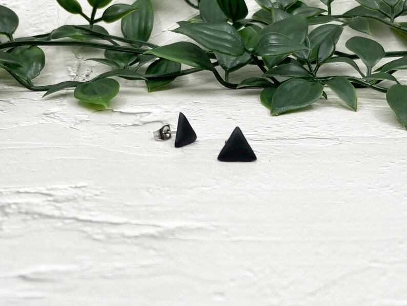 Black Triangle Stud Earrings, Matte Triangle Post Earring, Geometric Jewelry, Mens Stud Earring, Earring for Women, Stainless Steel Titanium image 4