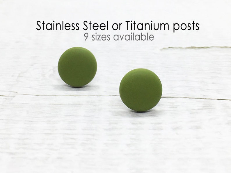 Olive Green Stud Earrings, Titanium Earrings, Matte Circle Earrings, Everyday Studs Simple, Mens Stud Earrings, Minimalist Jewelry, Gift Her image 1