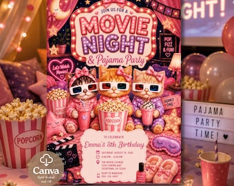 Movie Night Pajama Party Invitation, Kitty Sleepover Invite, Editable Canva Template for Girls