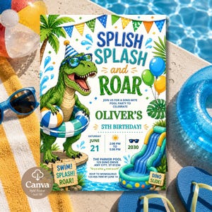 Invito per festa in piscina a tema dinosauri, invito di compleanno a tema dinosauri, Splish Splash and Roar, quinto compleanno per bambini, festa estiva