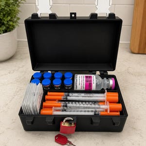 Könnte beinhalten: Ein schwarzer Hartschalenkoffer mit weißen Verschlüssen und einem roten Vorhängeschloss mit Schlüssel. Im Inneren befinden sich acht kleine Fläschchen mit blauen Kappen, eine Flasche mit bakteriostatischem Wasser, orangefarbene Spritzen.