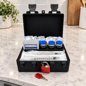 May include: A black, hard-shell locking storage case containing medical supplies. Inside are Member's Mark alcohol swabs, three small vials with blue caps, and two individually wrapped syringes. A red padlock is attached to the front latch with a key.