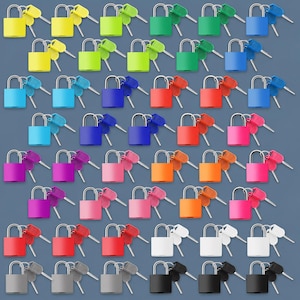 Puede incluir: Una colecci&oacute;n de cuarenta y ocho candados peque&ntilde;os dispuestos en una cuadr&iacute;cula, cada uno con un color s&oacute;lido distinto que incluye amarillo, verde, azul, rojo, rosa, naranja, blanco, gris y negro, con dos llaves met&aacute;licas a juego en cada arco.