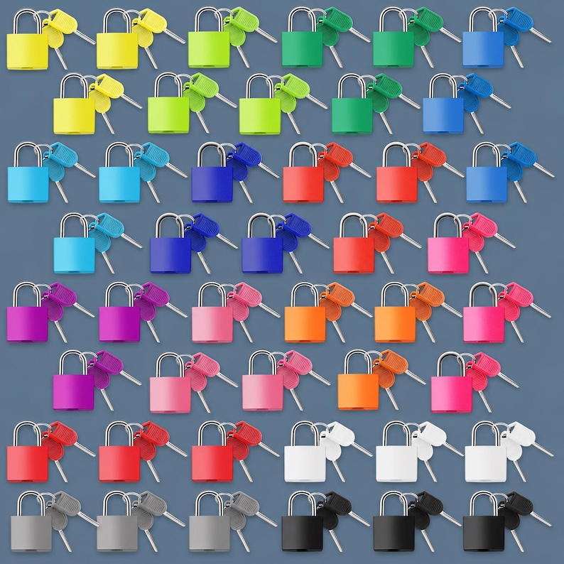 Puede incluir: Una colecci&oacute;n de cuarenta y ocho candados peque&ntilde;os dispuestos en una cuadr&iacute;cula, cada uno con un color s&oacute;lido distinto que incluye amarillo, verde, azul, rojo, rosa, naranja, blanco, gris y negro, con dos llaves met&aacute;licas a juego en cada arco.