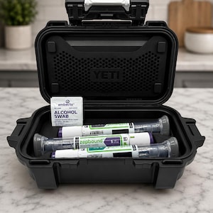 Peut inclure: Un étui de rangement rigide noir YETI contenant trois stylos injecteurs Zepbound et une lingette imbibée d'alcool Embecta. L'étui présente un loquet blanc, un couvercle intérieur texturé avec le logo YETI et une base en mousse pour les objets.