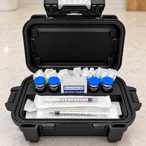 Puede incluir: Un estuche rígido negro que contiene suministros médicos. En su interior hay cuatro viales pequeños con tapas azules, un paquete de toallitas con alcohol Member's Mark y dos jeringas envueltas en plástico con marcas de medición.