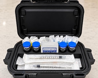 Könnte beinhalten: Ein schwarzer Hartschalenkoffer mit medizinischem Zubehör. Im Inneren befinden sich vier kleine Fläschchen mit blauen Deckeln, ein Stapel Member's Mark Alkoholtupfer und zwei in Kunststoff verpackte Spritzen mit Skalierung.