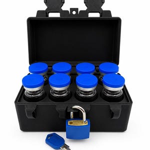 May include: A black rectangular storage case with a hinged lid containing eight small glass vials with bright blue caps. The case is secured with a blue padlock and a matching blue key is positioned in front of the container on a white surface.