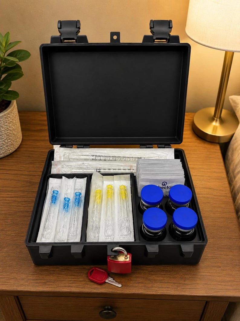 Puede incluir: Un estuche de almacenamiento r&iacute;gido, negro y rectangular, con un candado rojo y una llave. El estuche abierto contiene suministros m&eacute;dicos, incluyendo cuatro viales de vidrio con tapas azules, agujas envueltas individualmente y jeringas.