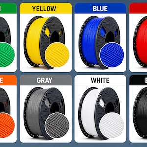 Puede incluir: Una colecci&oacute;n de ocho bobinas de filamento para impresora 3D dispuestas en una cuadr&iacute;cula, cada una con un color distinto: verde, amarillo, azul, rojo, naranja, gris, blanco y negro. Cada bobina incluye un recuadro circular con la textura.