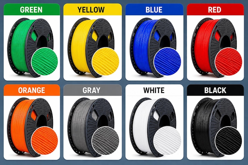 Puede incluir: Una colecci&oacute;n de ocho bobinas de filamento para impresora 3D dispuestas en una cuadr&iacute;cula, cada una con un color distinto: verde, amarillo, azul, rojo, naranja, gris, blanco y negro. Cada bobina incluye un recuadro circular con la textura.