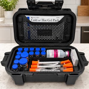 Op de afbeelding: Een zwarte harde opbergkoffer met open deksel, bevattende een Henry Schein koud of warm gelpack, meerdere kleine glazen flesjes met blauwe doppen, een doorzichtige fles met roze dop, diverse spuiten met oranje doppen en een stapel witte kaarten.