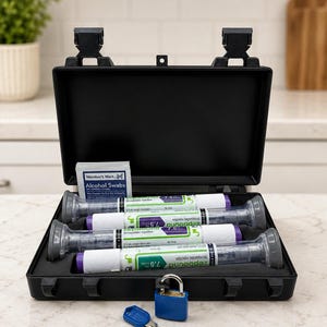 Könnte beinhalten: Ein schwarzer Hartschalenkoffer mit drei Zepbound 7,5 mg Injektionspens und einer Packung Member's Mark Alkoholtupfern. Der Koffer verfügt über eine Schaumstoffeinlage, zwei Verschlüsse und ein blaues Vorhängeschloss mit passendem Schlüssel.