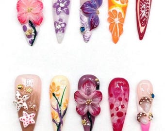 Uñas postizas Coquette Citrus / Set de uñas 3D con diseño de rodajas de naranja / Uñas stiletto florales hechas a mano / Uñas postizas Kawaii de verano / Diseño de uñas con flores rosas