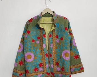 Handmade Floral Embroidered Cropped Jacket, Boho Folk Art Coat, Vintage Style Festival Wear