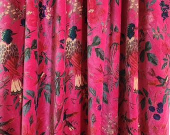 Hand Block Printed Pink Cotton Velvet Fabric, Jungle Bird Floral Print (By The Yard)