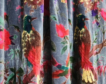 Floral Bird Print Velvet Fabric, Slate Blue Botanical Design (By the Yard)