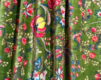 Green Floral Velvet Fabric, Hand Block Printed Botanical Textile, Upholstery Sewing Material