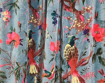 Jungle Print Cotton Velvet Fabric, Tropical Birds, Floral, Hand Block Printed (By the Yard)