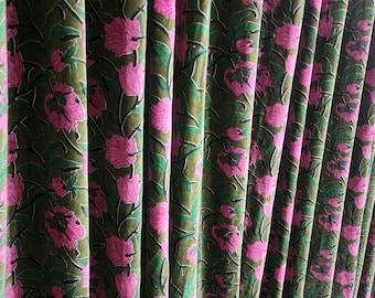 Pink Floral Velvet Curtain, Green Botanical Drapes, Luxury Boho Home Decor