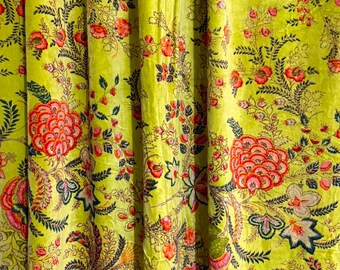 Hand Block Printed Cotton Velvet Fabric, Yellow Floral Botanical Textile, Upholstery Sewing Material