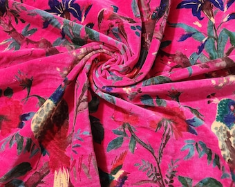 Hand Block Printed Cotton Velvet Fabric, Tropical Bird Floral Print, Upholstery Sewing Textile