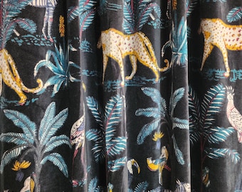 Hand Block Printed Cotton Velvet Fabric, Jungle Safari Animal Print Textile, Tropical Botanical Yardage