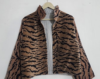 Handmade Velvet Tiger Print Cropped Jacket, Y2K Indie Open Front Bolero