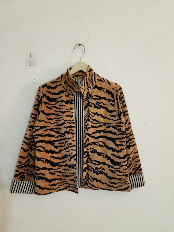 Handmade Tiger Print Velvet Jacket, Cropped Y2K Indie Outerwear