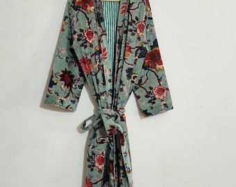 Cotton Velvet Kimono, Floral Velvet Robe, Boho Duster, Botanical Print Jacket, Women’s Open Front Kimono, Statement Layering Piece