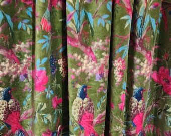 Olive Green Bird Floral Velvet Fabric, Exotic Botanical Print, Luxury Upholstery Textile