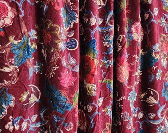 Burgundy Floral Velvet Fabric, Hand Block Printed Cotton, Upholstery Curtain Textile
