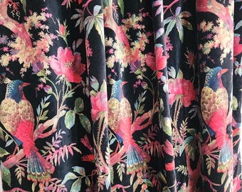 Black Velvet Exotic Bird Floral Curtains, Tropical Botanical Room Decor
