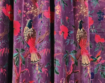 Purple Floral Bird Velvet Fabric, Vintage Botanical Print, Luxury Soft Velvet for Curtains & Upholstery