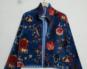 Blue Floral Velvet Cropped Jacket, Handmade Boho Bolero, Indie Fashion Outerwear