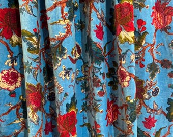Handmade Blue Floral Velvet Curtains, Botanical Window Drapes, Luxury Home Decor