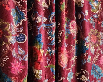 Burgundy Floral Velvet Curtains, Vintage Botanical Drapes, Boho Room Decor