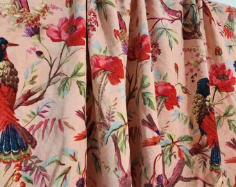 Pink Floral Bird Velvet Fabric, Luxury Printed Upholstery, Curtains, Home Decor