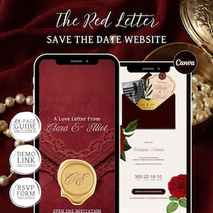 Könnte beinhalten: Zwei Smartphones zeigen eine digitale Hochzeits-Website mit dem Titel The Red Letter. Die Bildschirme zeigen einen dunkelroten Umschlag mit goldenem Wachssiegel, Blumengrafiken, einen Countdown-Timer und den Text A Love Letter From Clara & Eliot.