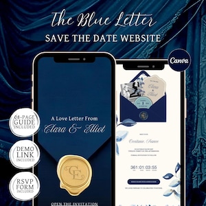 Könnte beinhalten: Zwei Smartphones zeigen eine digitale Save-the-Date-Website mit dem Titel The Blue Letter. Die Bildschirme zeigen einen dunkelblauen Umschlag mit einem goldenen Wachssiegel, den Text A Love Letter From Clara & Elliot und einen Countdown.
