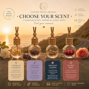 May include: Four 10ml round glass car air freshener bottles with wooden caps and hanging cords, filled with dried flowers. Labels display Daybreak Gardenia, Twilight Lavender, Midnight Jasmine, and Sunset Rose scents with descriptive text.