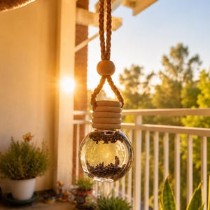 Op de afbeelding: Een heldere, bolvormige glazen fles gevuld met gedroogde lavendelknoppen, voorzien van een lichtgekleurde houten dop en een gevlochten touw om op te hangen. De fles hangt aan het touw en heeft een glad, afgerond ontwerp met houten accent.
