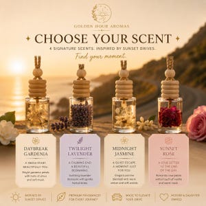 Op de afbeelding: Vier glazen auto-luchtverfrisserflesjes met houten doppen en koordjes, gevuld met verschillende gedroogde bloemen. De labels vermelden: Daybreak Gardenia, Twilight Lavender, Midnight Jasmine en Sunset Rose, met het merk Golden Hour Aromas.