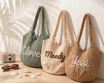 Gepersonaliseerde gehaakte vakantietas, aangepaste strandtas voor dames, vrijgezellenweekends en meisjesvakanties