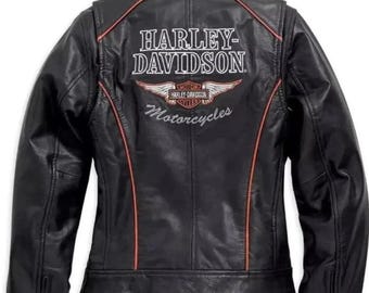 Harley Davidson Women’s Leather Jacket Genuine Cowhide HD Classic Biker Jacket, Ladies Cruiser Motorcycle Jacket, Leather Motorbike Gear