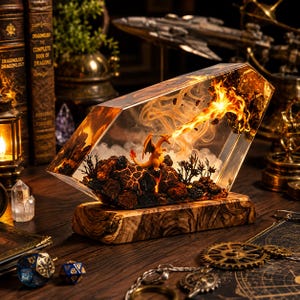 Handmade Charizard Epoxy Resin Diorama Lamp, Anime Fire Dragon Night Light, Poke Resin Desk Lamp, Collectible Gift for Anime Fans