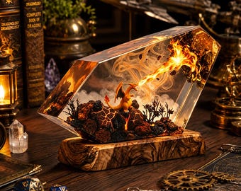 Handgemaakte Charizard Diorama Lamp van Epoxyhars, Anime Vuurdraak Nachtlampje, Pokémon Bureaulamp van Hars, Verzamelobject en Cadeau voor Anime Fans