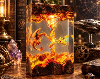 Charizard Pikachu geïnspireerde harslamp, handgemaakte Charizard Pikachu LED-nachtlamp, Charizard Pikachu verzamelbare bureaulamp van hars, decoratief cadeau