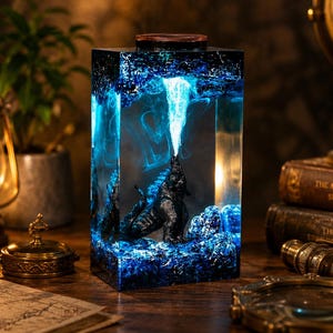 May include: A rectangular resin lamp featuring a dark, textured creature resembling a kaiju standing among blue rocky formations. A bright blue light emanates from the creature's mouth, creating a glowing effect within the clear, deep blue resin block.