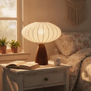Op de afbeelding: Een tafellamp met een brede, witte, geribbelde, schotelvormige stoffen kap en een gladde, taps toelopende voet van donker hout. De lamp verspreidt een warme, zachte gloed die de omgeving verlicht en een rustgevende sfeer creëert in de kamer.